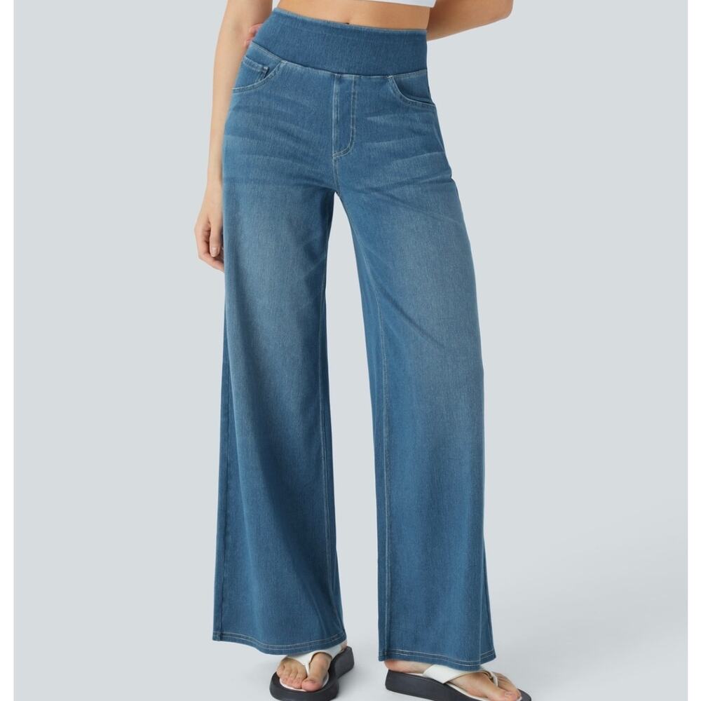 Sz Lg HALARA Blue Flex High Waist Pocket Baggy Wide Leg Washed Wide Leg Denim